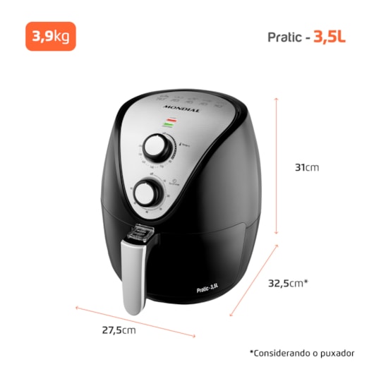 Fritadeira Air Fryer AF3 Preto E Inox Mondial 3,5L 127V 1500W  - Imagem principal - e2546ec8-a0de-473d-b8d8-b3513a412dd7