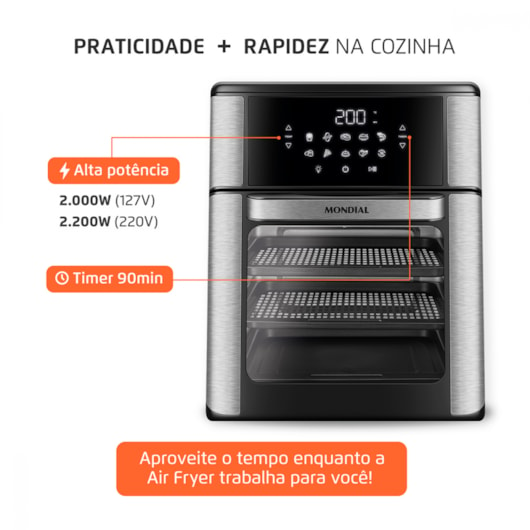 Fritadeira Air Fryer Forno Oven Preto Mondial 12L 127V 2000W - Imagem principal - 02838d13-dc3c-4a91-87e0-f5a06a6e1b5e