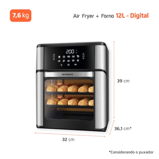 Fritadeira Air Fryer Forno Oven Preto Mondial 12L 127V 2000W - Imagem principal - 4c4b9ba6-ec10-4be0-b8bd-14296b44532c