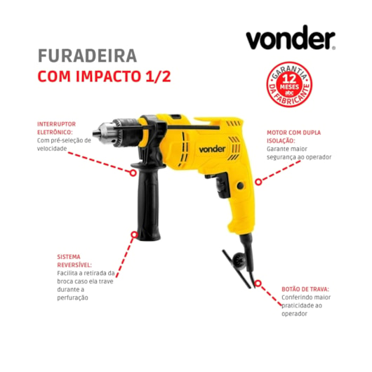 Furadeira Com Impacto 1/2 FIV 550N 127V Vonder - Imagem principal - 5114da98-b95f-4fab-9c9b-e1563acdf7e7