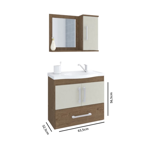 Gabinete Para Banheiro Com Lavatório E Espelho Atenas Amendoa E Off White MGM Móveis 65cm - Imagem principal - 8fd5c53d-321e-463b-94b6-66610610814d