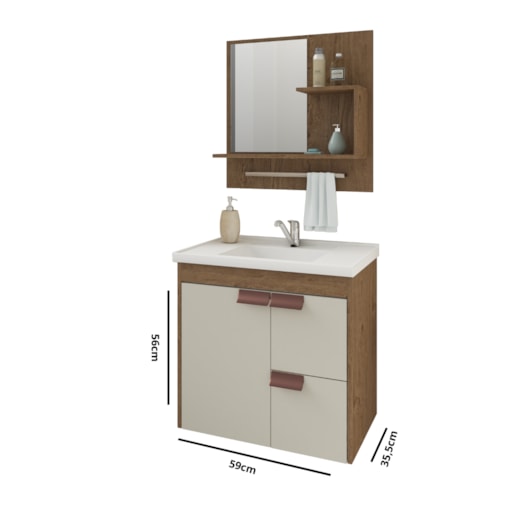 Gabinete Para Banheiro Com Lavatório E Espelho Tulipa Amendoa E Off White MGM Móveis 59cm - Imagem principal - 2eef5edc-7c05-4f7a-b0cc-13d52c49ea8b