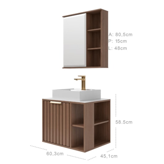 Gabinete Para Banheiro Com Lavatório Espelho De Freijó MGM Móveis 60cm - Imagem principal - 20db8db9-5416-46eb-b758-15f373f09193