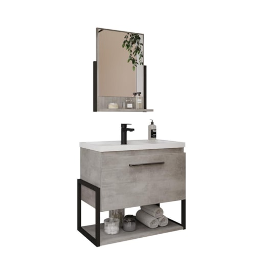 Gabinete Para Banheiro Com Lavatório Espelho Metalo MDF Metalon Cimento MGM Móveis 60cm - Imagem principal - f6bd8d9a-849b-444e-b6b4-327db5c1db68