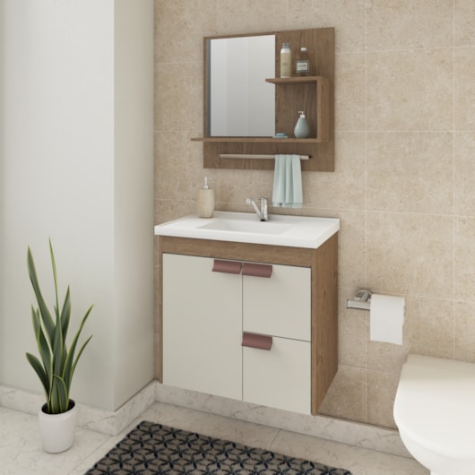 Gabinete Para Banheiro Com Lavatório Espelho Tulipa Amendoa E Off White MGM Móveis 59cm - Imagem principal - 002e4f19-32b4-4efd-88bf-f0727e01fa2e
