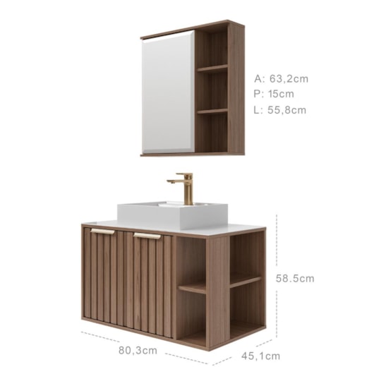 Gabinete Para Banheiro Com Lavatório Noruega Freijó MGM Móveis 80cm - Imagem principal - 23905144-e529-49c9-9690-d2f9068187fb