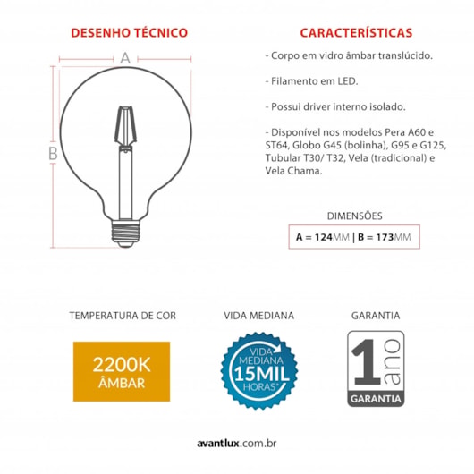 Globo Retrô 4w 2200k 360 Lúmens Bivolt Emissão De Luz Âmbar G95 Avant - Imagem principal - 13a430ab-888f-4185-b2fa-fe5488448063
