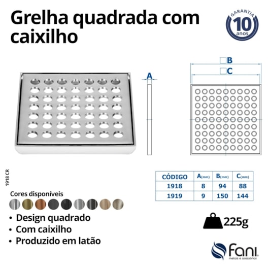 Grelha Quadrada Sem Fecho Com Caixilho 1918 BK Preto Fosco Fani 9,2cm - Imagem principal - e2f1a3ad-6487-48e1-97da-f565eebfcbdc