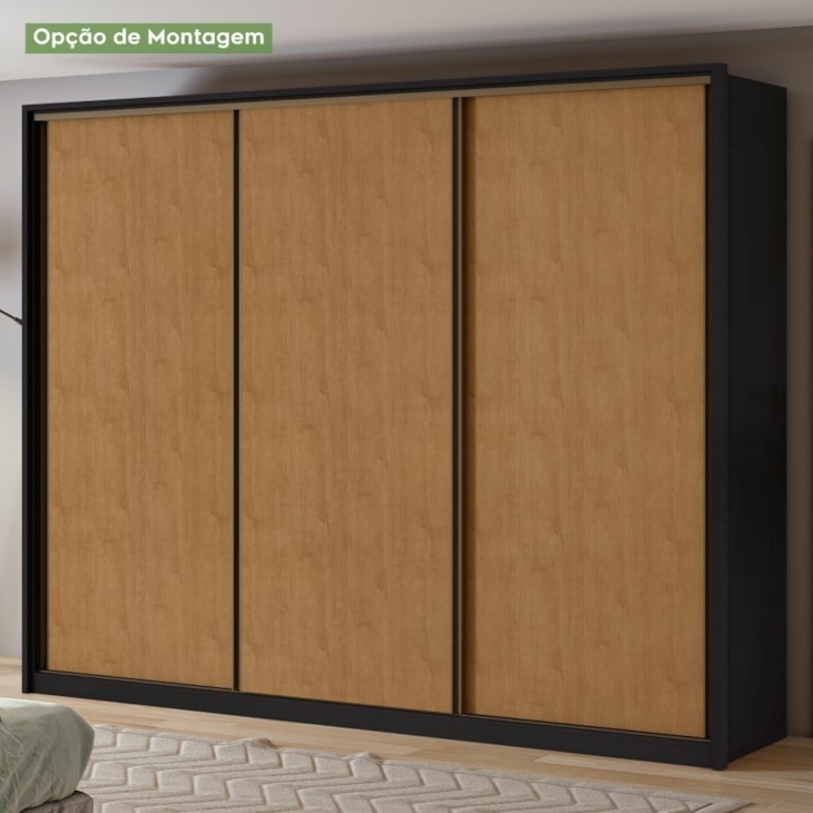 Guarda Roupa 3 Portas De Correr Spazio Preto Fosco/Amêndoa Lopas  