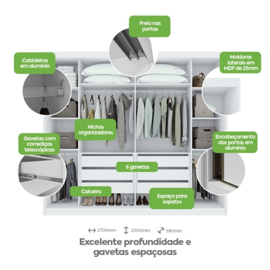 Guarda Roupa Casal Com Espelho 2 Portas 6 Gavetas Toronto Plus Branco Lopas - Imagem principal - bd857eb9-b82c-428e-bd31-7272803fedf3