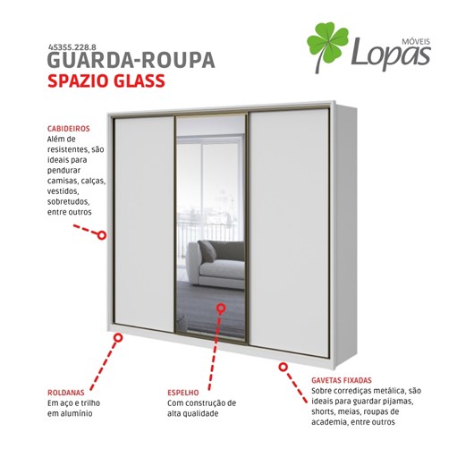 Guarda Roupa Casal Com Espelho 3 Portas 6 Gavetas Spazio Glass Branco Lopas - Imagem principal - d2ee0ace-ad9b-4b26-915e-024a09df9e78