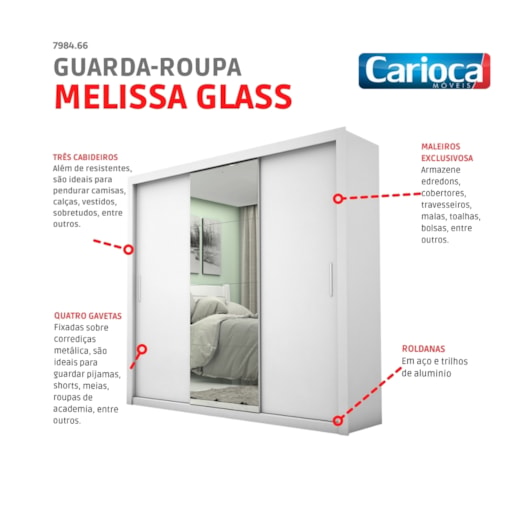 Guarda Roupa Melissa Glass 3 Portas Com Espelho Branco Carioca Móveis - Imagem principal - 69ded6df-768b-4b47-a6a2-2f6fa8a6e0d7