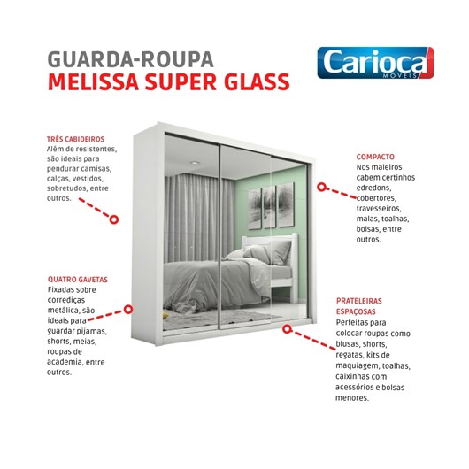 Guarda Roupa Melissa Super Glass 3 Portas De Correr Com Espelho Branco Carioca Móveis - Imagem principal - d495c297-17a9-4cbf-aad4-8d133dc27794