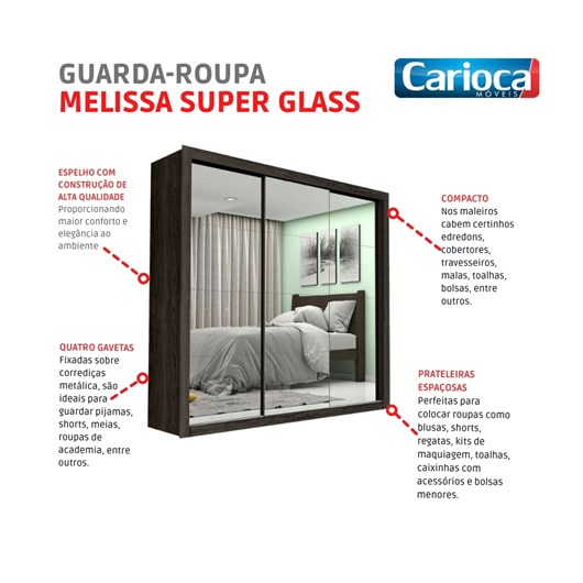 Guarda Roupa Melissa Super Glass 3 Portas De Correr Com Espelho Malbec Carioca Móveis - Imagem principal - d67603cb-c61e-4184-b31c-4729b9c02313