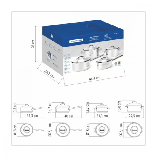 Jogo De Panelas Em Inox Solar Com 4 Peças Tramontina - Imagem principal - e34c5909-ac01-4525-bb51-3eb6fd0244bf