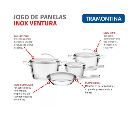 Jogo De Panelas Em Inox Ventura Com 4 Peças 65360/280 Tramontina - Imagem principal - c028c521-d018-4310-94a8-fc9760a3433b
