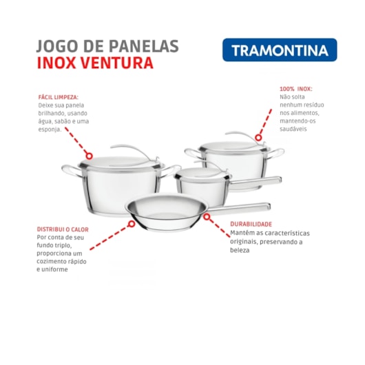 Jogo De Panelas Em Inox Ventura Com 4 Peças Tramontina - Imagem principal - 773fc67e-8257-4c97-81b2-1ef4d2eaa93c