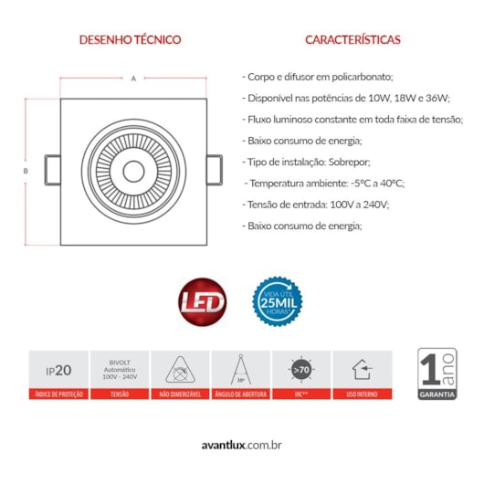 Kit 5 Spots Authentic Quadrados 3000K Emissão de Luz Amarela Avant 5W - Imagem principal - ecb2c701-ea59-4a56-a3e3-1121995289cf