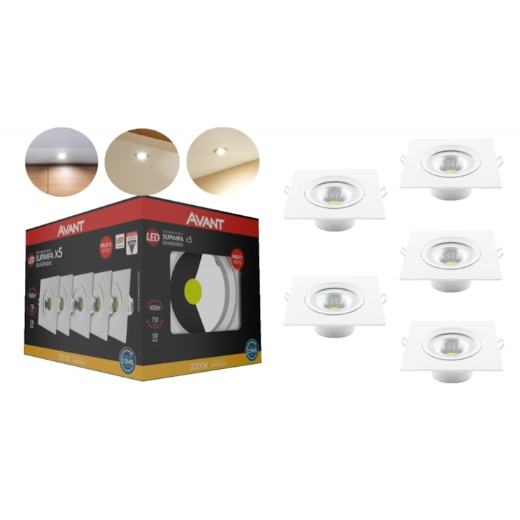 Kit 5 Spots Authentic Quadrados 3000K Emissão de Luz Amarela Avant 5W