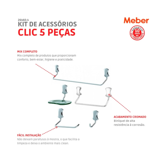 Kit Acessórios Para Banheiro 5 Peças Clic Cromado Meber - Imagem principal - 397cfe00-6bb0-40dd-8f8d-af4b777344be