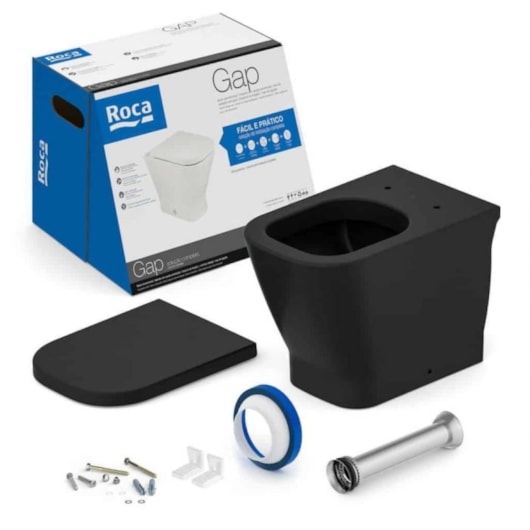 Kit bacia convencional, assento termofixo com queda amortecida e complementos e instalação gap matte black Roca  - Imagem principal - 06bc04ce-a0cc-41c1-857b-493e71730a7f