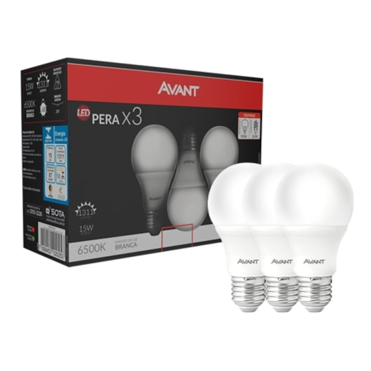 Kit Com 3 Lampadas LED Bulbo Pera 15W Luz Branca 6500K Bivolt Avant - Imagem principal - 23436cee-9a56-4103-bd29-7b9b9ecacf96