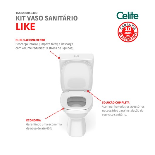 Kit Completo Vaso Sanitário Com Caixa Acoplada E Acessórios Like Branco Celite - Imagem principal - 3158b0c9-4746-4edf-b365-2d19296c5fcb