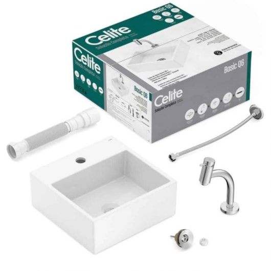 Kit Cuba de Apoio Quadrada Com Mesa Q6 35x35cm Branco Brilho com Torneira de Bica Baixa Cromada e Itens de Instalação Basic Celite - Imagem principal - d4a92f4f-b30d-4022-b6c5-bd0d5b546e54