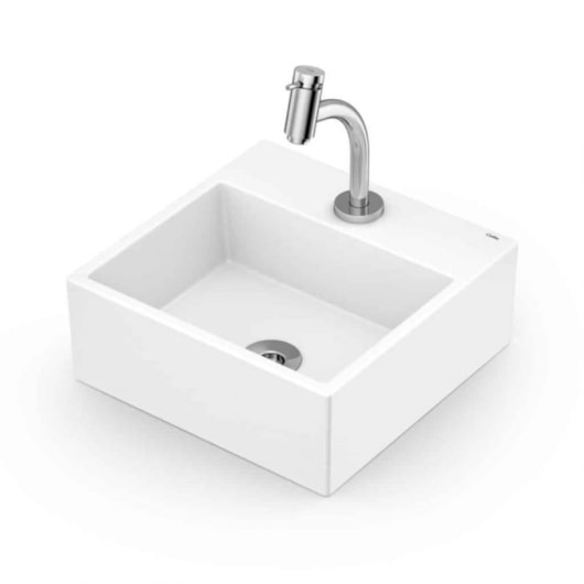 Kit Cuba de Apoio Quadrada Com Mesa Q6 35x35cm Branco Brilho com Torneira de Bica Baixa Cromada e Itens de Instalação Basic Celite - Imagem principal - 4de88393-e904-4e17-9fbf-6a77053f2253