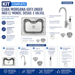 Kit Cuba Morgana 60Fx Undermount Em Aço Inox Com Monocomando, Dosador E Valvula Tramontina