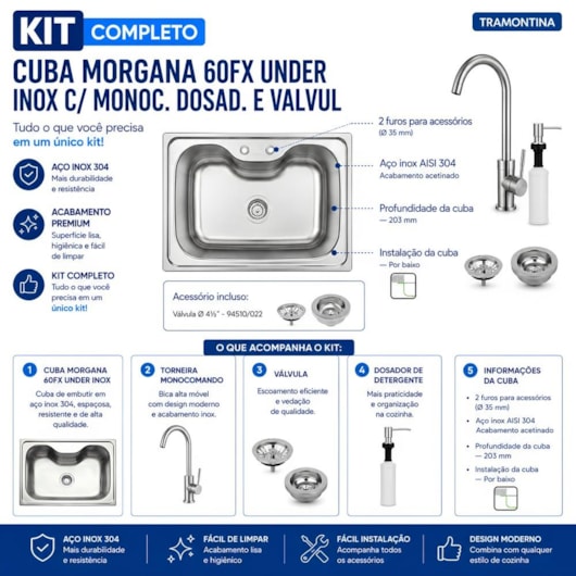 Kit Cuba Morgana 60Fx Undermount Em Aço Inox Com Monocomando, Dosador E Valvula Tramontina - Imagem principal - e1fc38a2-3b10-4230-90b5-7e001835d474