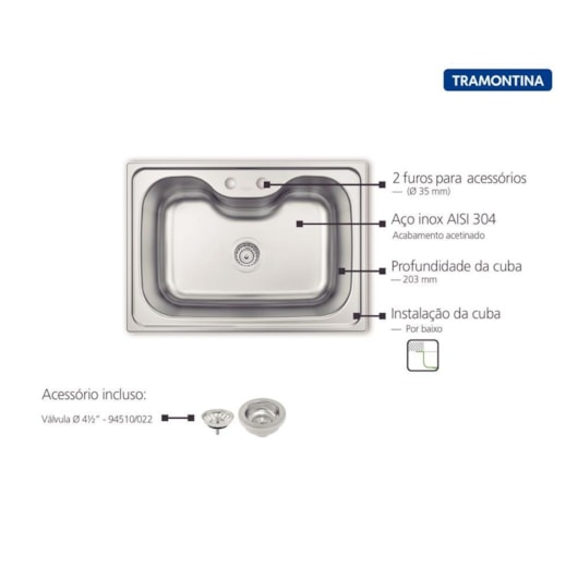 Kit Cuba Morgana 60Fx Undermount Em Aço Inox Com Monocomando, Dosador E Valvula Tramontina - Imagem principal - da1f8b2b-1232-4e09-bd7d-ec7e121ace6d