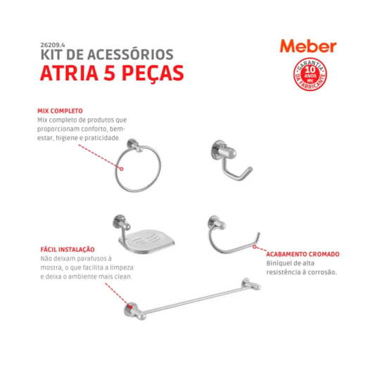Kit De Acessórios Com 5 Peças Atria Cromada Meber - Imagem principal - 90a3e7ff-6300-4898-b1c1-7b0103c3a97b