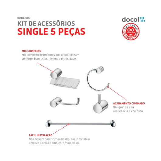 Kit De Acessórios Com 5 Peças Single Cromado Docol - Imagem principal - a9575e9f-1fc7-487c-bfdc-3f057b9fb909