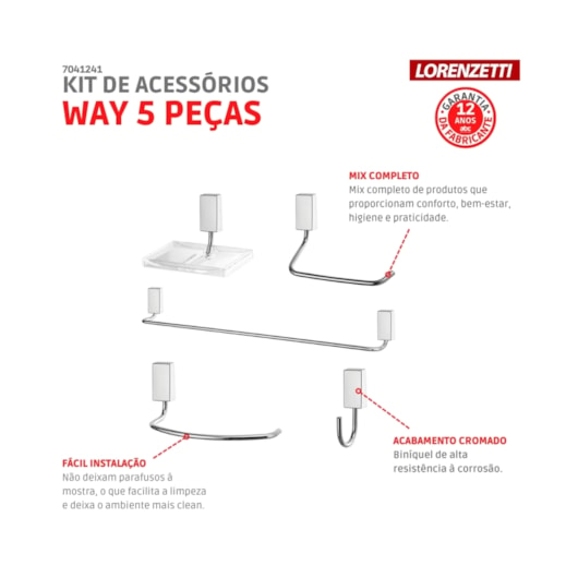 Kit De Acessórios Com 5 Peças Way C30 Cromada Lorenzetti - Imagem principal - 790c0d3b-7dff-4ef9-ad94-6e8ff68bfc4f