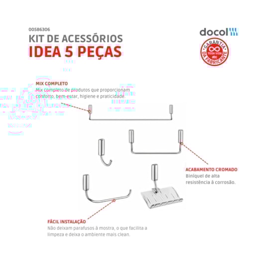 Kit De Acessórios Para Lavatório Com 5 Peças Idea Cromado Docol - Imagem principal - 9904cf4f-16f4-480c-8c9d-bcdf1a40b20d