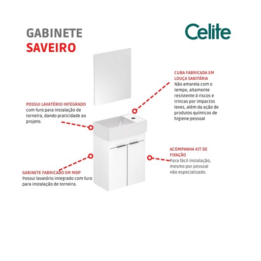 Kit Gabinete 2 Portas com Lavatório Integrado E Espelho Saveiro 40x22cm Branco Celite - Imagem principal - ffbbd3c0-958c-45d4-ac01-b7f6ee17422c