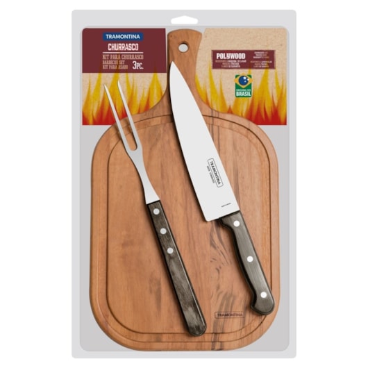 Kit Para Churrasco Em Inox Com 3 Peças E Tábua Polywood Castanho Tramontina - Imagem principal - 28652e2c-1f96-4736-a3cf-a82a5630139c