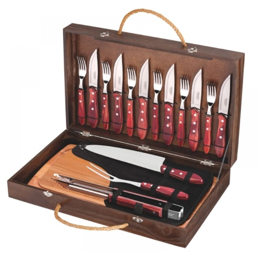 Kit Para Churrasco Em Inox Polywood Com 17 Peças E Tábua E Estojo 21198/766 Vermelho Tramontina - Imagem principal - 80875f32-0af6-43dc-991e-f8bceef132b6