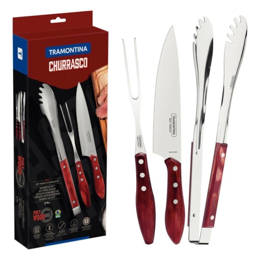 Kit Para Churrasco Em Inox Polywood Com 3 Peças Vermelho Tramontina - Imagem principal - f6a1587c-83a5-4c06-8d45-2b50d77137fc