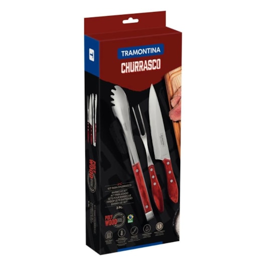 Kit Para Churrasco Em Inox Polywood Com 3 Peças Vermelho Tramontina - Imagem principal - 352f6bc0-18cb-4001-aaba-91ec1dc2a34c