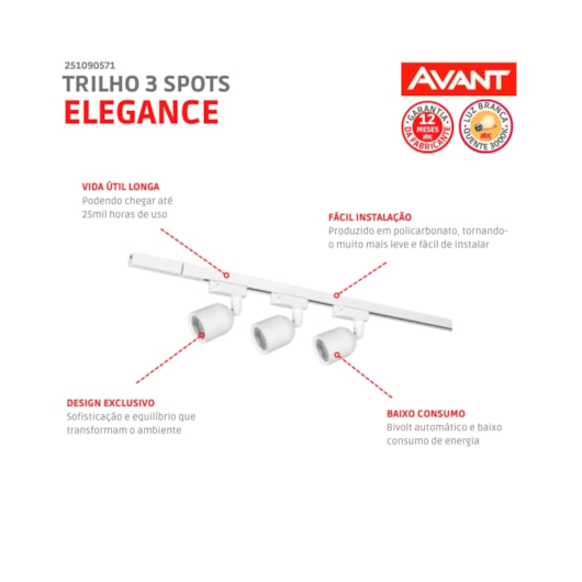 Kit Trilho Elegance Branco Fosco Para 3 Lâmpadas 3000k Emissão De Luz Amarela Avant 7w - Imagem principal - 800853b6-4fcf-45de-be97-1d31b9a916ef