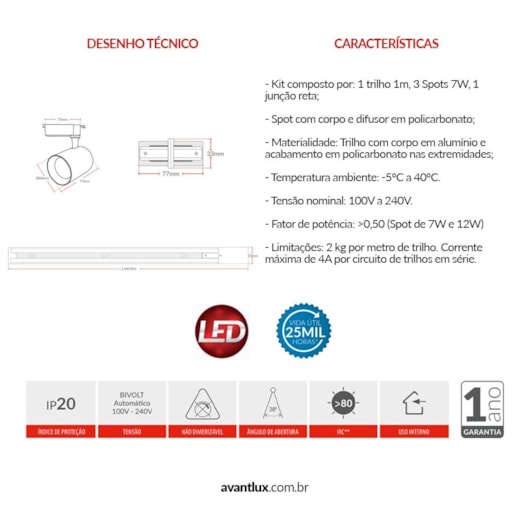 Kit Trilho Elegance Branco Fosco Para 3 Lâmpadas 3000k Emissão De Luz Amarela Avant 7w - Imagem principal - 64c3b4d1-1ec1-40d2-bbde-887291cdae1f