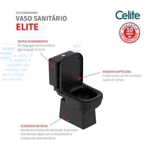 Kit Vaso Sanitário Caixa Acoplada Assento E Acessórios De Instalação Elite Matte Black Celite  - Imagem principal - ffcc6646-87c8-4e4a-af1e-beca3346564a
