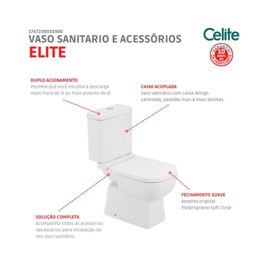 Kit Vaso Sanitário Com Acessórios De Instalação E Caixa Acoplada Com Assento PP Soft Close Elite Branco Celite - Imagem principal - c6fd2ee1-3c9f-45cb-828c-66918380a48f