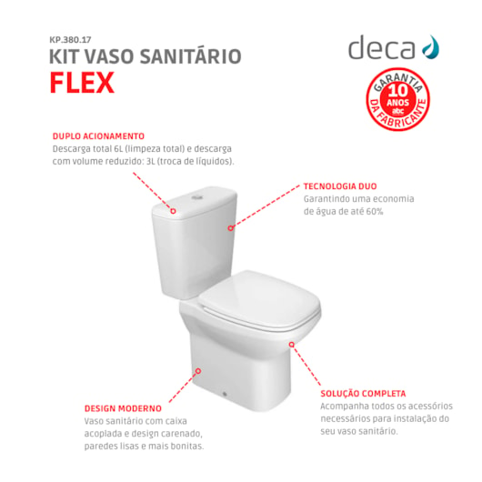 Kit Vaso Sanitário Com Caixa Acoplada Assento E Componentes Para Instalação Flex Branco Deca - Imagem principal - 2018ac8f-2b0d-4b7b-a0f3-745a392f230b