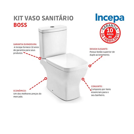 Kit Vaso Sanitário Com Caixa Acoplada E Acessórios Boss Branco Incepa - Imagem principal - 13bb50ab-bae4-4352-8228-687129f24568