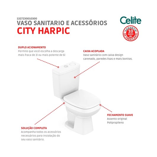 Kit Vaso Sanitário Com Caixa Acoplada E Acessórios City Harpic Branco Celite - Imagem principal - c8974af7-d006-4860-99a8-1392838c8b34