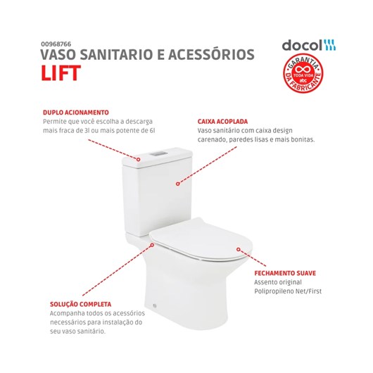 Kit Vaso Sanitário Com Caixa Acoplada E Acessórios Lift Branco Docol - Imagem principal - c6e8de70-2989-4831-86c1-8fd3d875bf7a