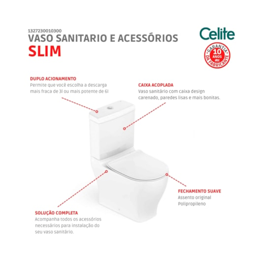 Kit Vaso Sanitário Com Caixa Acoplada Itens de Instalação E Assento Termofixo Slim Branco Celite - Imagem principal - 30fff019-fdc7-4faf-a7a7-f699096af332